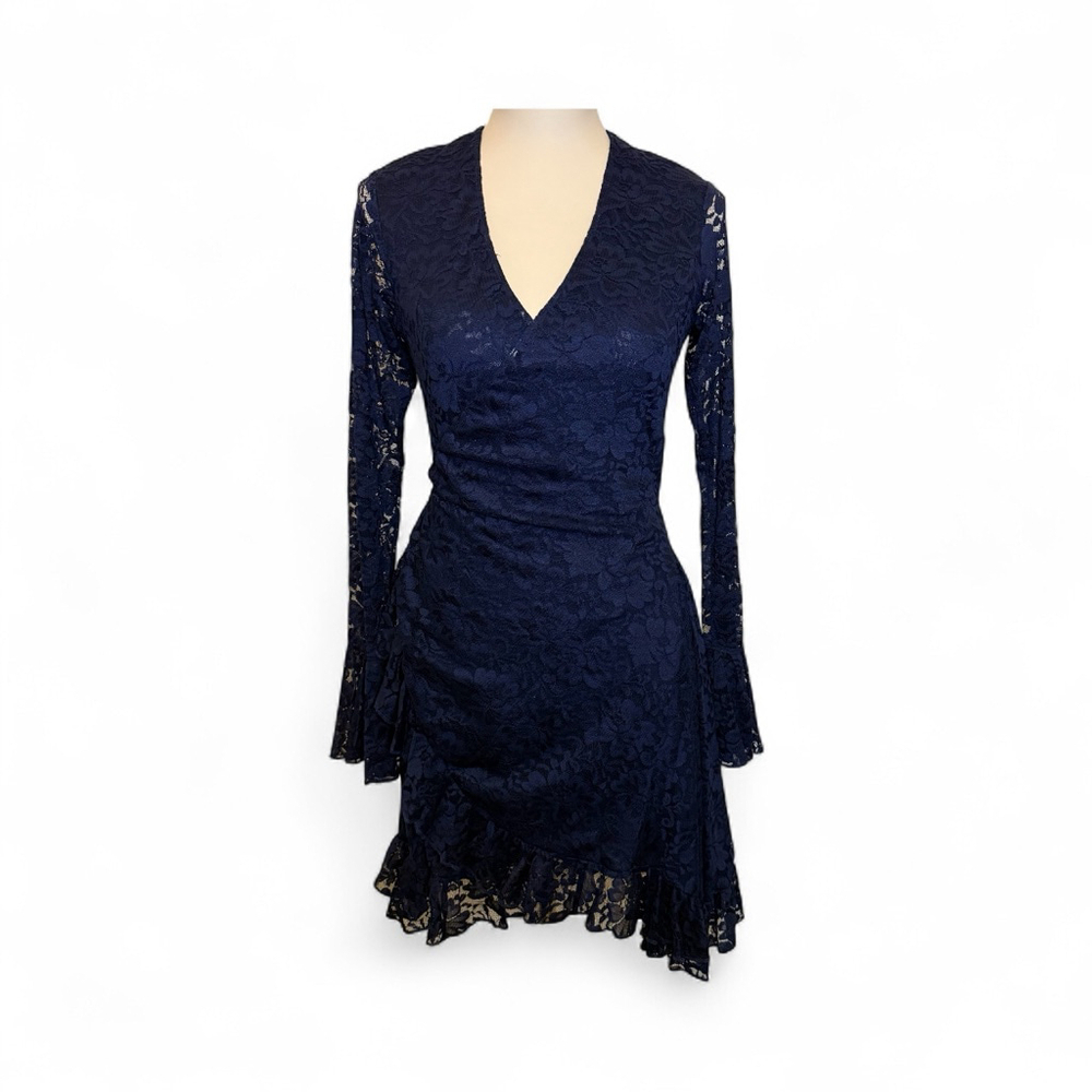 New Hot as Hell HAH Navy Blue Lace Long Sleeve Mini Dress Size Small S True Wrap